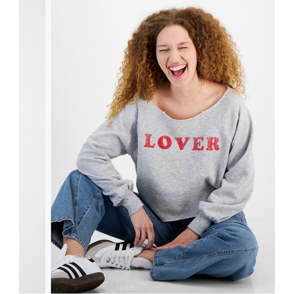 SELF ESTEEM Juniors' Off-The-Shoulder Lover Raglan‎ Graphic Sweatshirt GREY XS